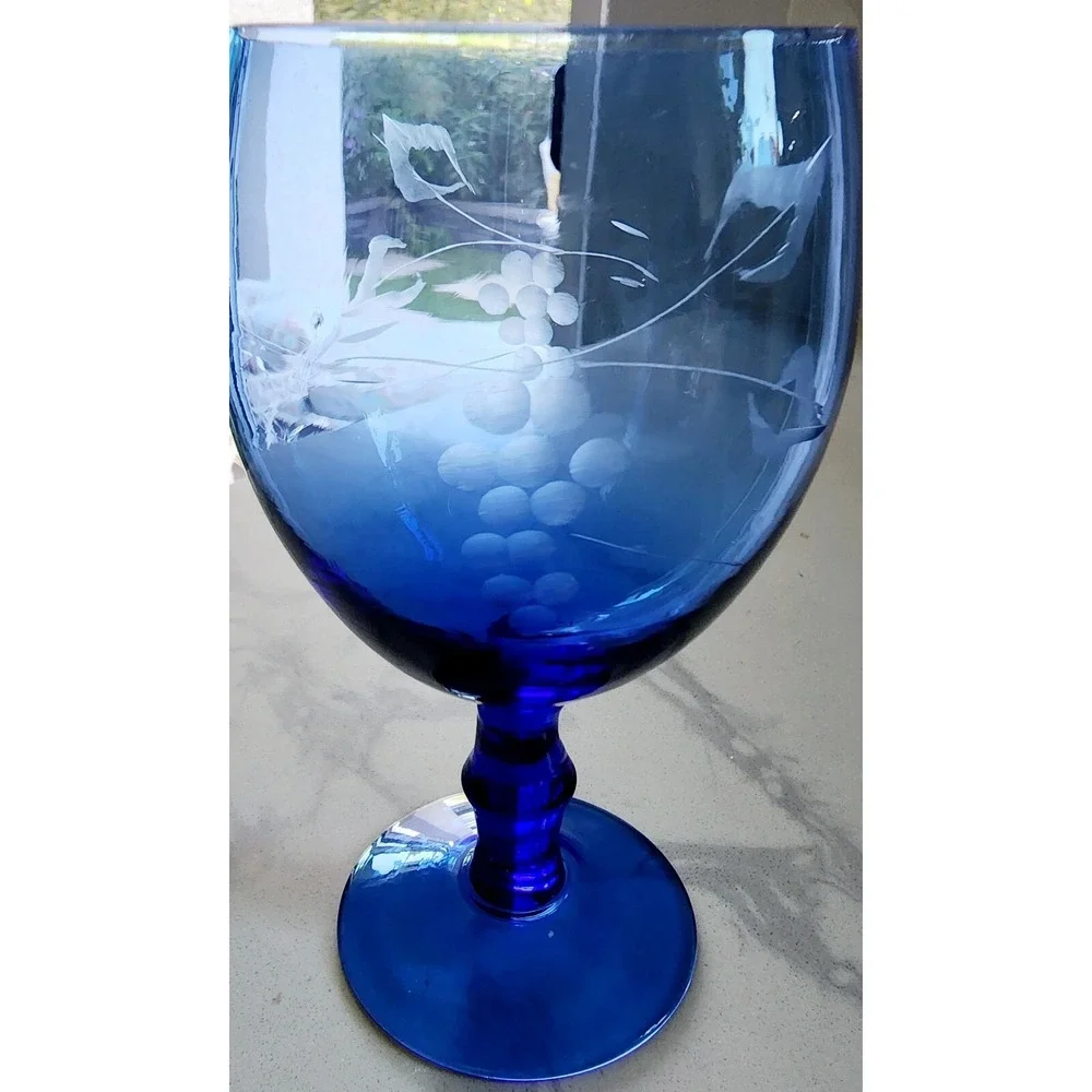 Vintage Etched Grapes Colbalt Blue Wine Glasses Set Of 3